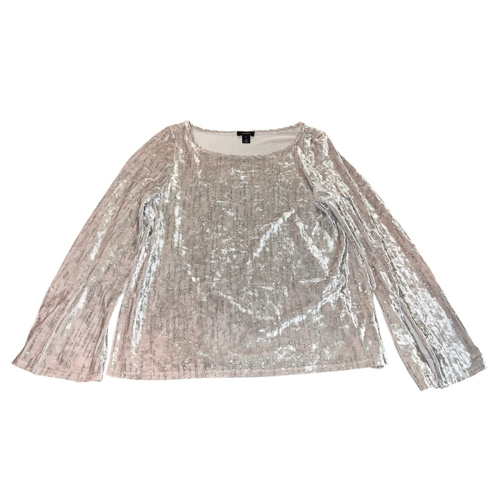 Halogen Metallic Silver Velvet Stripe Shimmer Top Boat Neck Long Sleeve size M